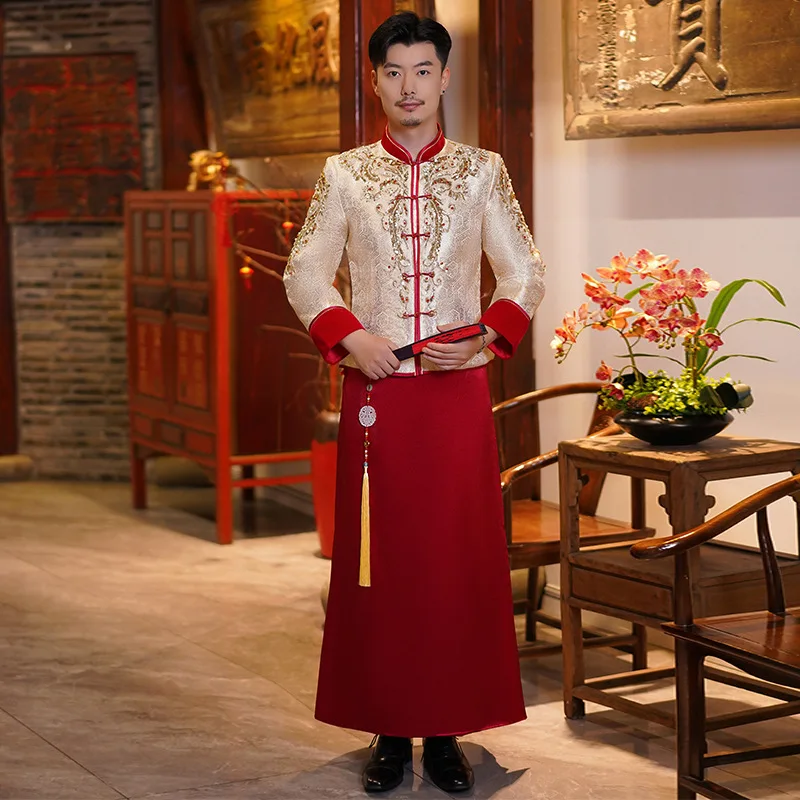 Одежда для тостов Мужская Одежда для жениха Чонсам В китайском стиле Изысканное Свадебное платье с блестками, костюм Тан
