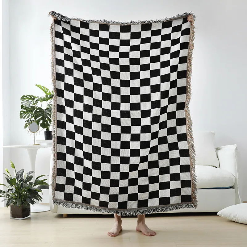 Одеяло в клетку в шахматном стиле, ковер с кисточкой, ретро-принт в шахматном стиле, диван, вязаное одеяло, Гобелен, домашний декор 125x150 см