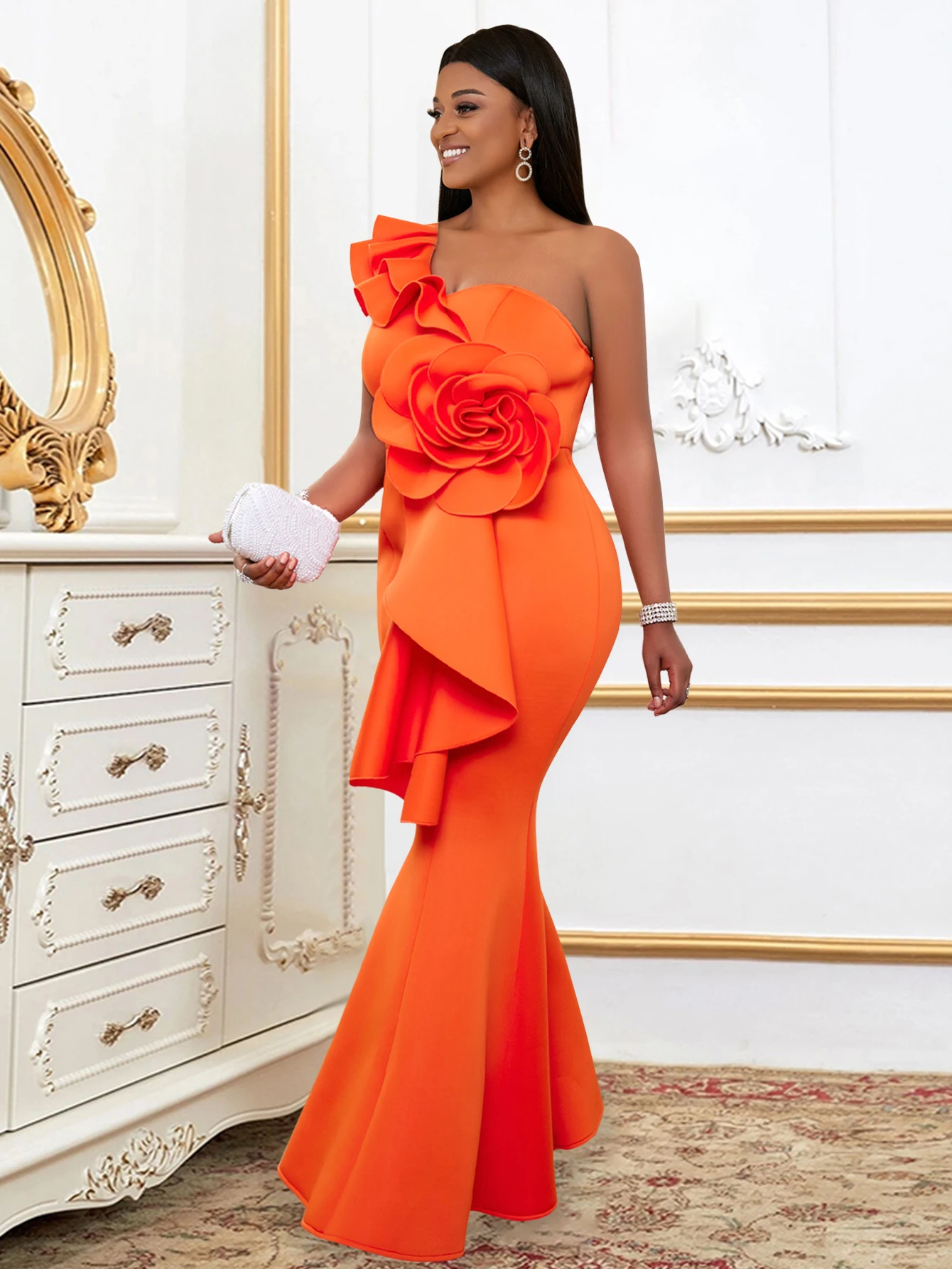 Оранжевые Вечерние Платья для Женщин с Оборками на одно плечо и Цветочным Принтом в стиле Ампир, Облегающие Макси, Коктейльные Платья для Мероприятий, Наряды Большого Размера 4XL