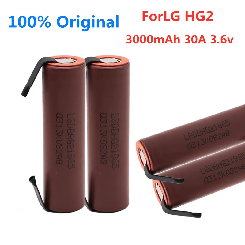 Оригинальный аккумулятор ForLG HG2 3000mAh 3,6 v 18650 с полосками, припаянный аккумулятор для отверток 30A высокого тока + никель 