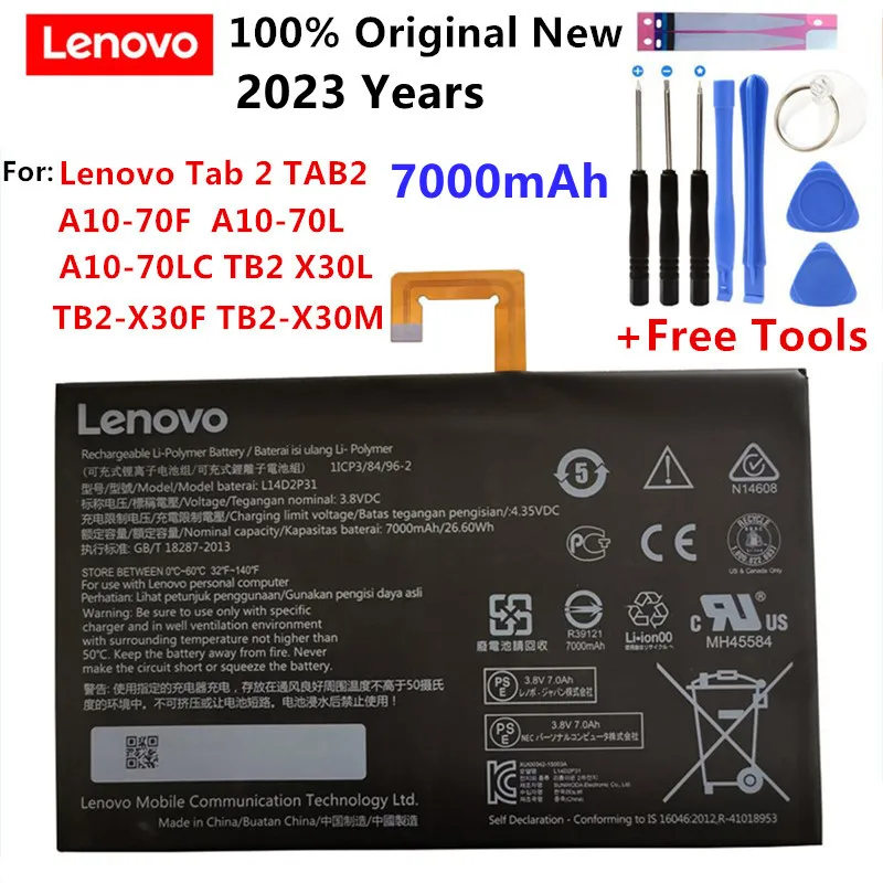Оригинальный Новый 3,8 V 7000 mAh 26.6Wh Оригинальный Аккумулятор L14D2P31 Для Lenovo Tab 2 A7600-F A10-70F Tab2 A10-70 A10-70L Аккумулятор