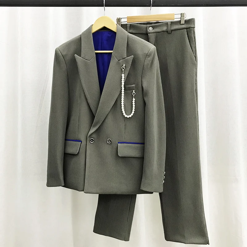 Осенний мужской новый комплект блейзеров высокого качества, украшенных жемчужной цепочкой, модный трендовый красивый деловой универсальный костюм 21Z1160