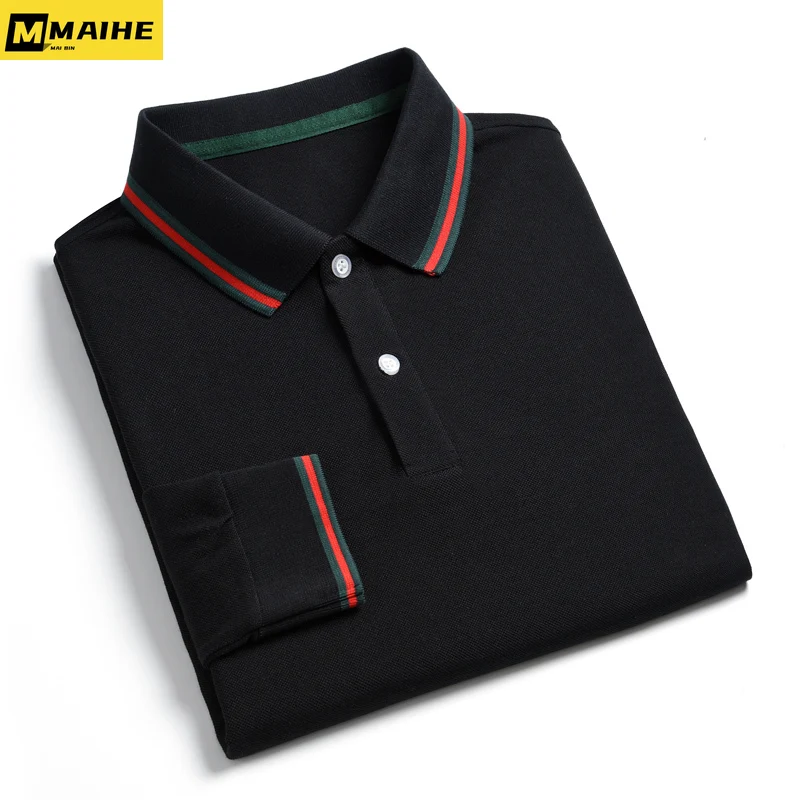 Осенняя брендовая мужская рубашка-поло с длинными рукавами из 100% хлопка, модная мужская рубашка-поло для гольфа, повседневная однотонная базовая мужская рубашка