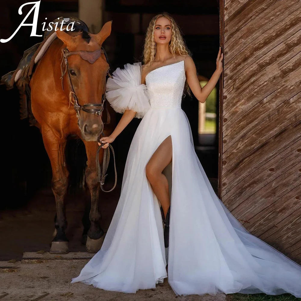 Отличительное Свадебное платье с разрезом сбоку и открытой спиной, Трапециевидное, Съемные Рукава, Блестящее Свадебное платье Со Шлейфом, Vestidos De Novia