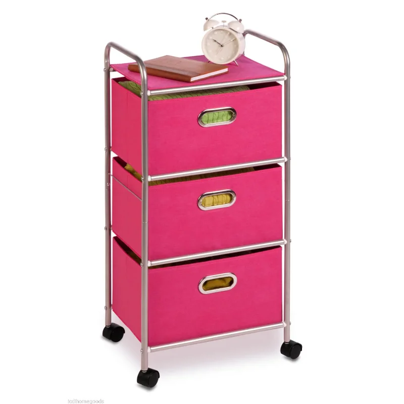Пластиковая тележка на колесиках с 3 тканевыми выдвижными ящиками, розовый Органайзер для ящиков стола