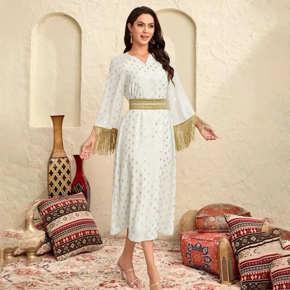 Платье Mulsin Дубай, Марокко, Кафтан, Платье в этническом стиле, Шифоновый халат с золотой печатью, Модная женская одежда