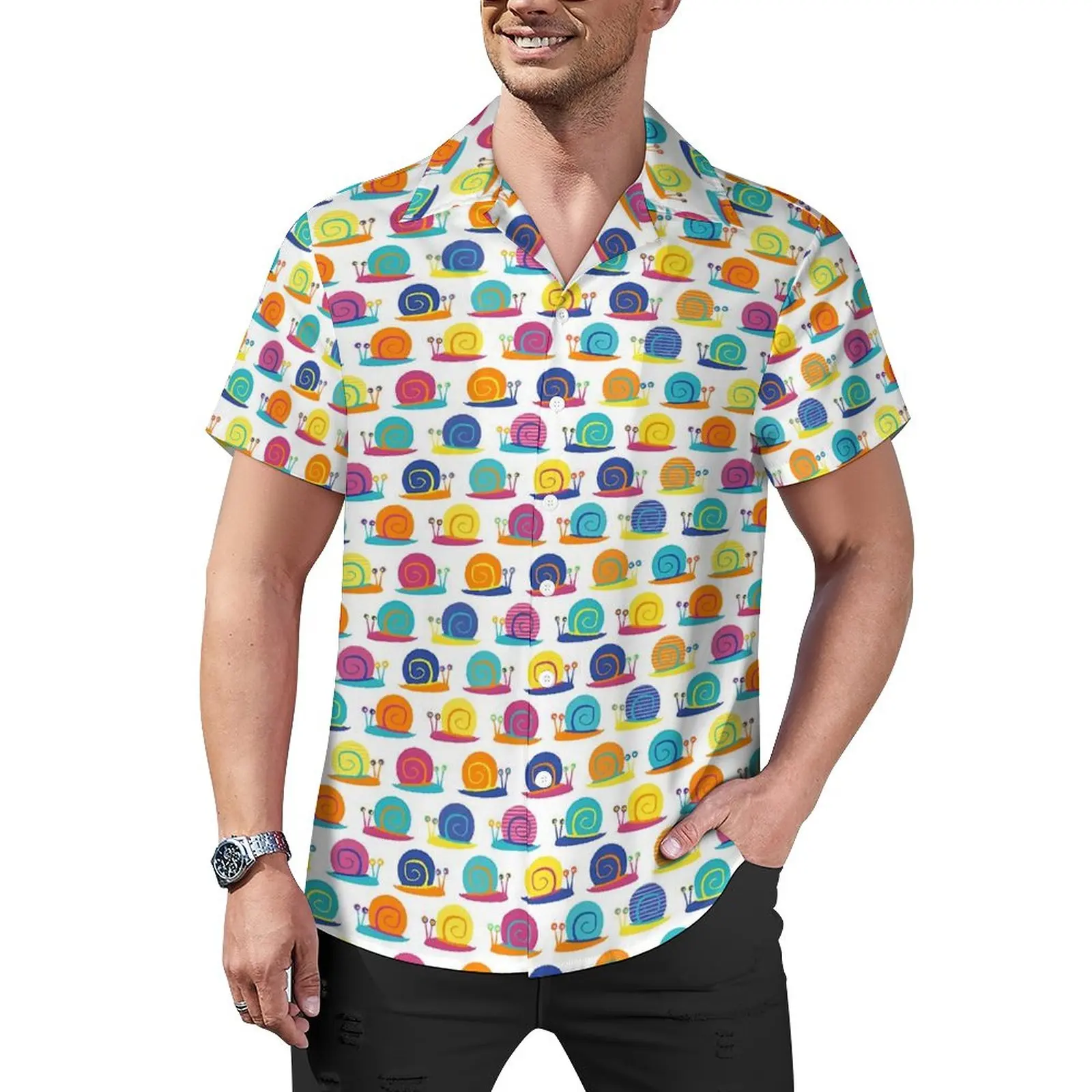 Повседневная рубашка для вечеринок с улиткой, яркая Свободная рубашка для отпуска с животным принтом, Гавайские трендовые блузки с коротким рукавом, графические топы Оверсайз
