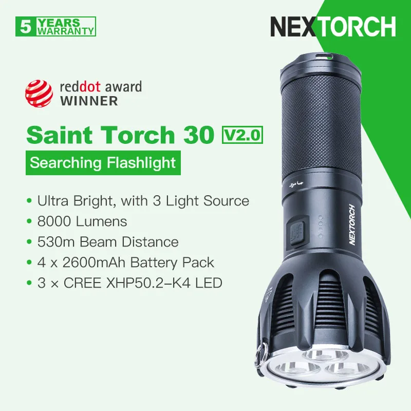 Поисковый фонарик Nextorch Saint Torch 30 V2.0 с 3-мя светодиодными источниками, сверхяркий 8000 Люмен, Двойная теплозащита