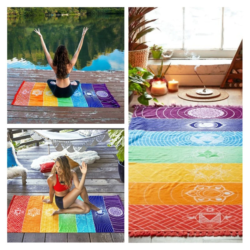 Полиэстер, Богемное Настенное Одеяло с Индийской Мандалой, Гобелен цвета 7 Чакр, Радужные Полосы, Летний Пляжный Коврик Для йоги