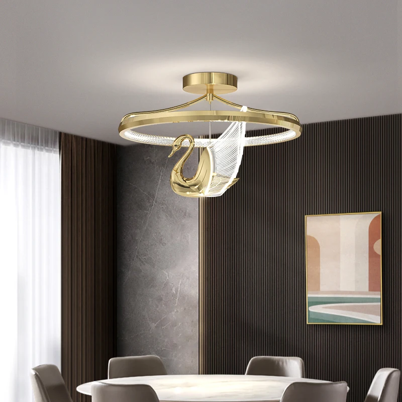 Постмодернистский золотой потолочный светильник, акриловый светильник с лебедем для гостиной, ресторана, отеля, роскошного домашнего декора, крытый светодиодный кольцевой потолочный светильник