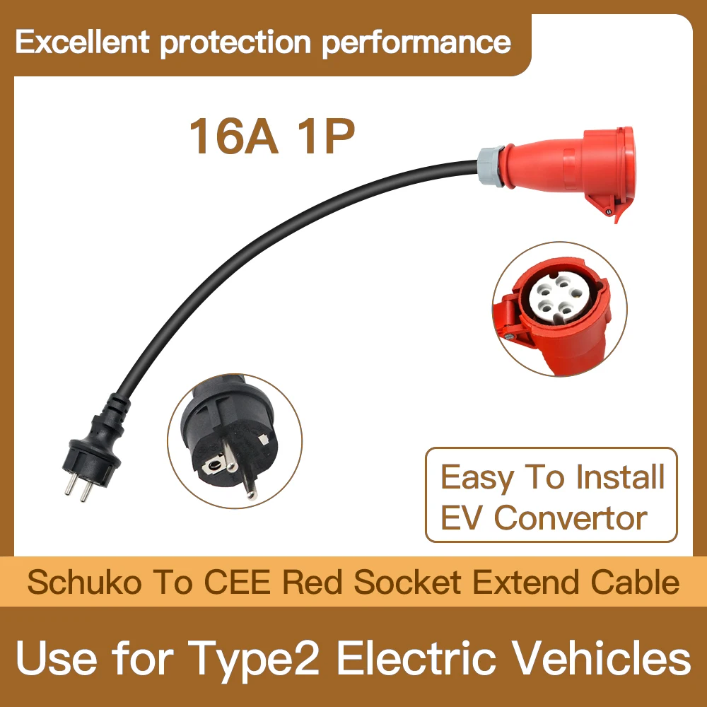 Преобразователь электромобилей Schuko Plug в розетку CEE Red Удлинительный кабель Используется для электромобилей типа 2