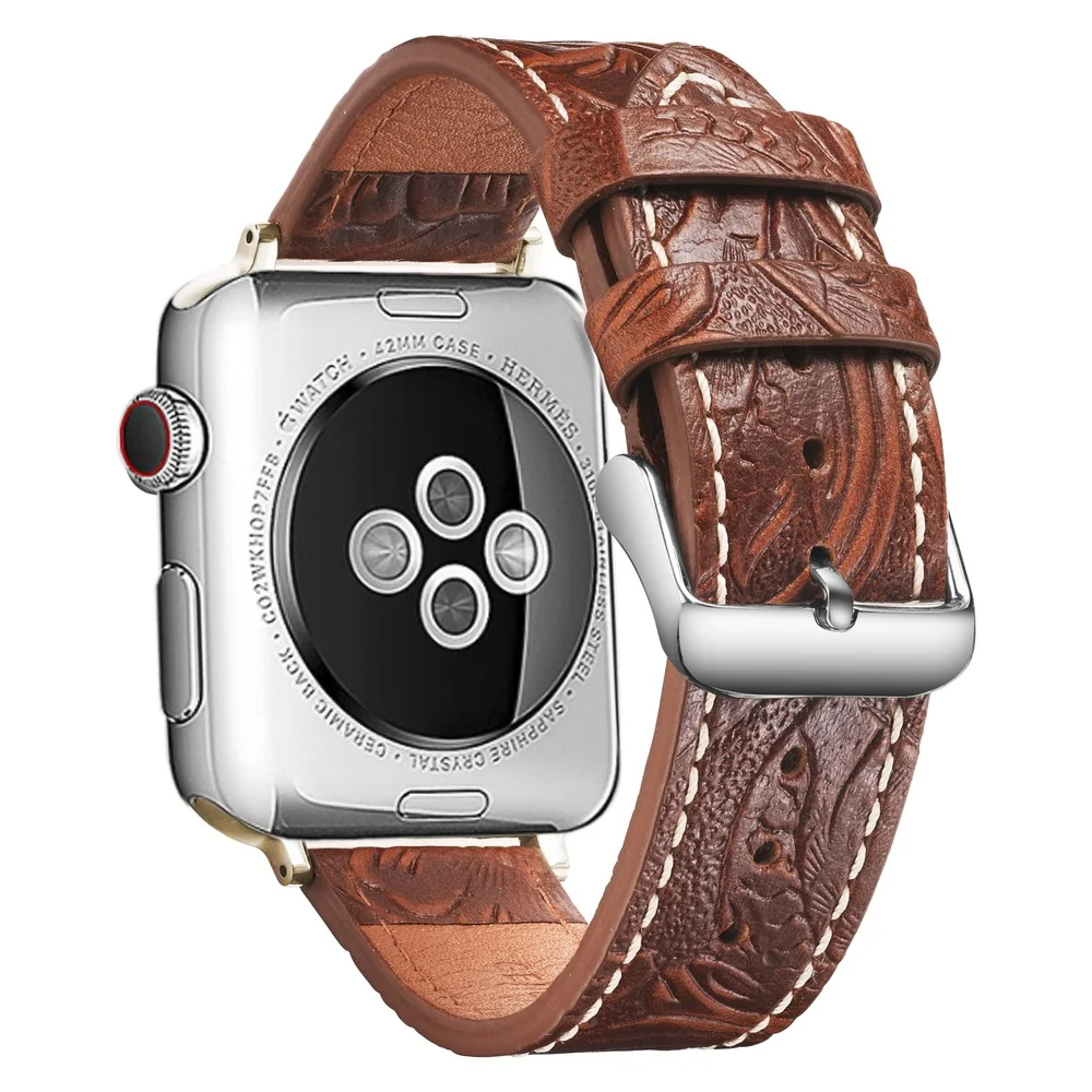 Ремешок из натуральной кожи Apple Watch с Резным Тиснением iWatch Band Series 4 5 3 2 1 Ремень с Пряжкой из нержавеющей стали 38 мм 42 мм 40 мм 44 мм