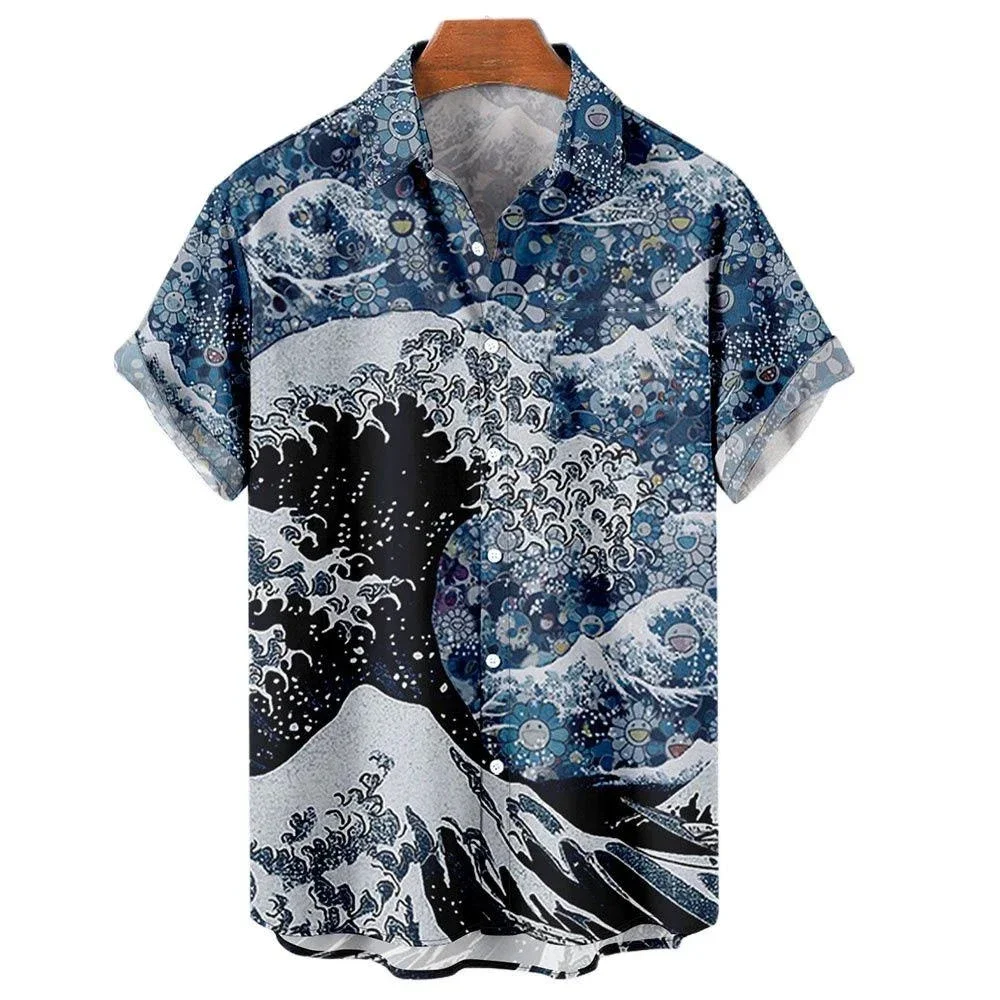 Ретро Океанская волна, 3D печать, Мужские Гавайские рубашки, Повседневные Модные Летние мужские Рубашки, Большие размеры, Короткие рукава, Свободные топы с лацканами