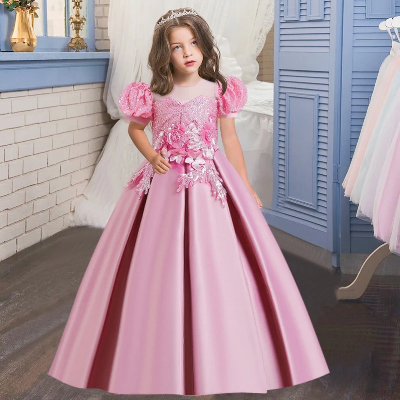 Розовые платья с цветочным узором для девочек, Свадебная вечеринка, Сетчатое платье принцессы Пенпенг, платья с вышивкой в виде пузырей, платья для Дня Рождения, Выпускного вечера