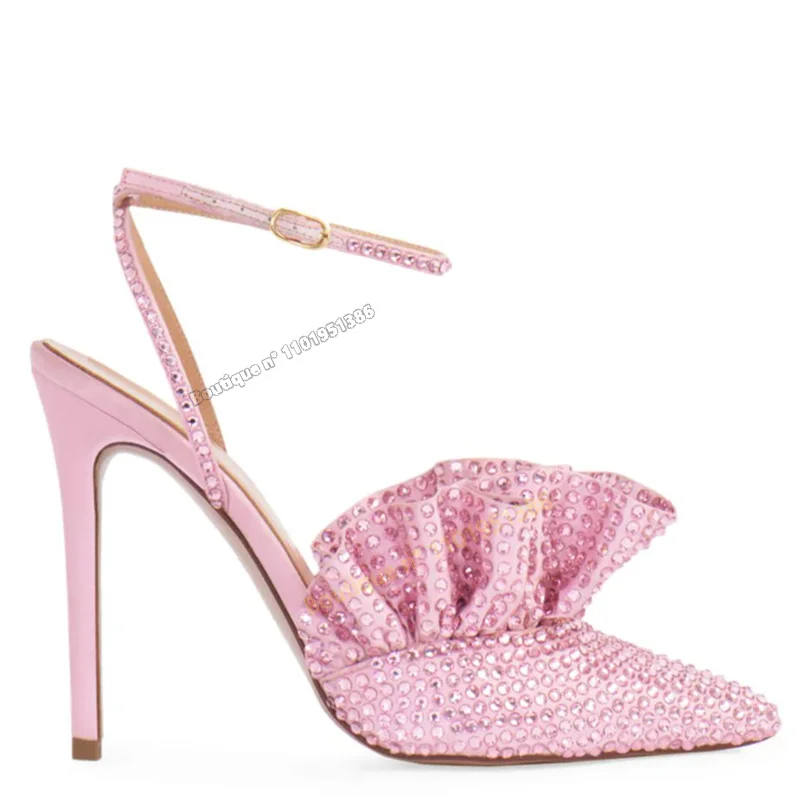 Розовые Плиссированные Босоножки с Кристаллами, Туфли на высоком Каблуке на шпильке для Женщин, Туфли на высоком каблуке с пряжкой на Щиколотке, Туфли на каблуке 2023, Zapatos Para Mujere