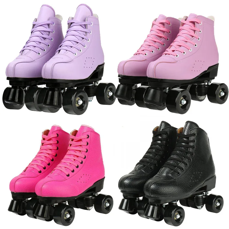 Розовые роликовые коньки Фиолетовая двухрядная обувь для катания на коньках, женские мужские кроссовки с колесами из искусственной кожи, ролики для спорта на открытом воздухе, патины, 4 стержня