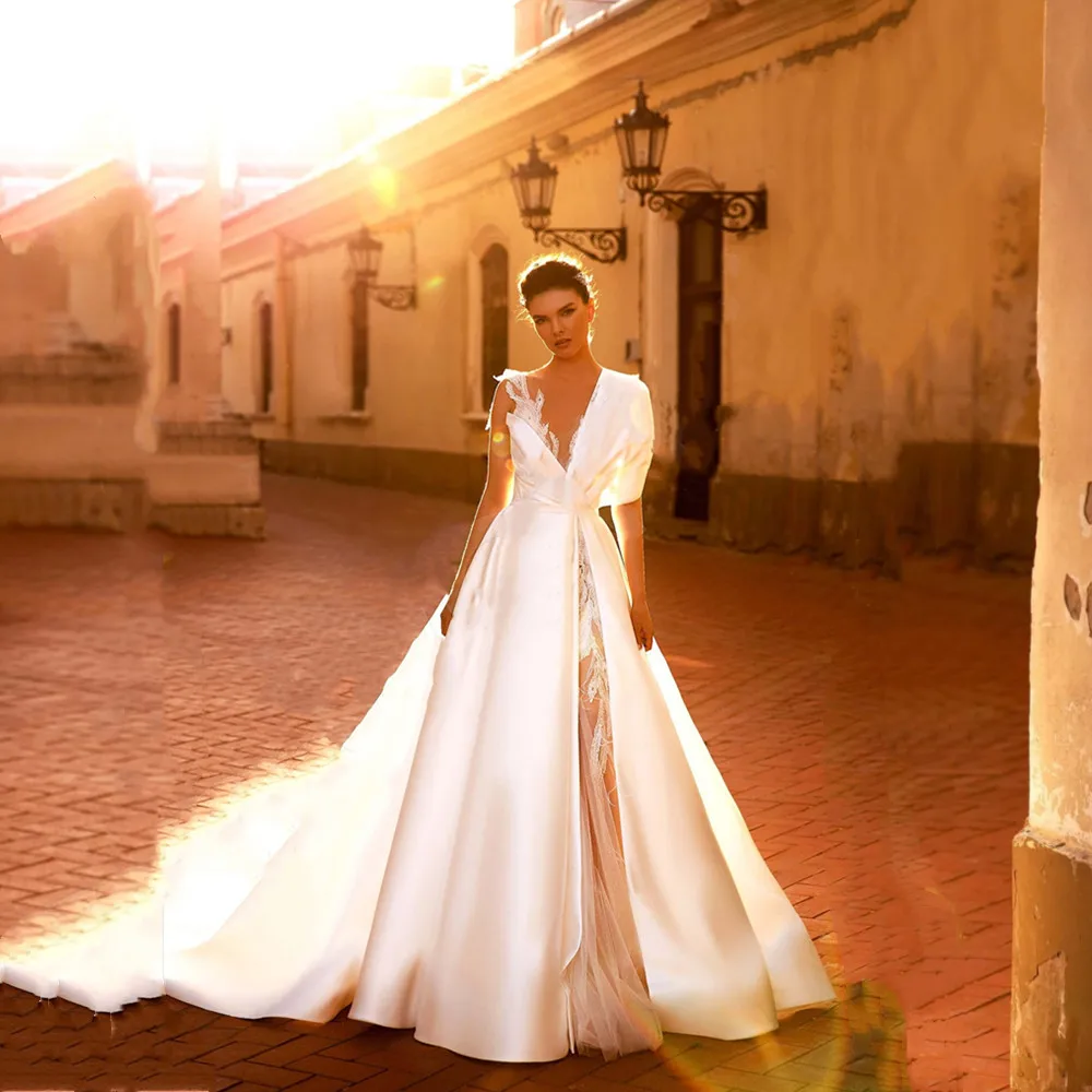 Роскошное Кружевное свадебное платье с V-образным вырезом, свадебные платья без рукавов, Пляжные, с открытой спиной, цвета слоновой кости, в стиле Бохо, Съемный Кафедральный шлейф, Vestidos de Novia