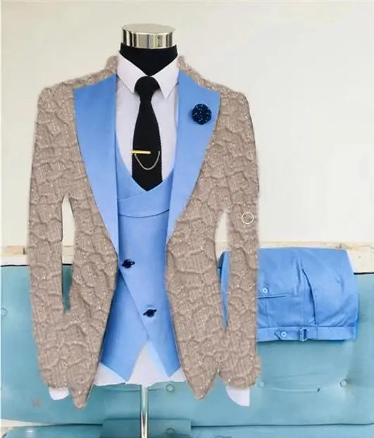 Роскошные жаккардовые костюмы с тиснением для мужчин, синие вечерние свадебные комплекты блейзеров slim fit из 3 предметов, мужские вечерние костюмы trajes de hombre, homme