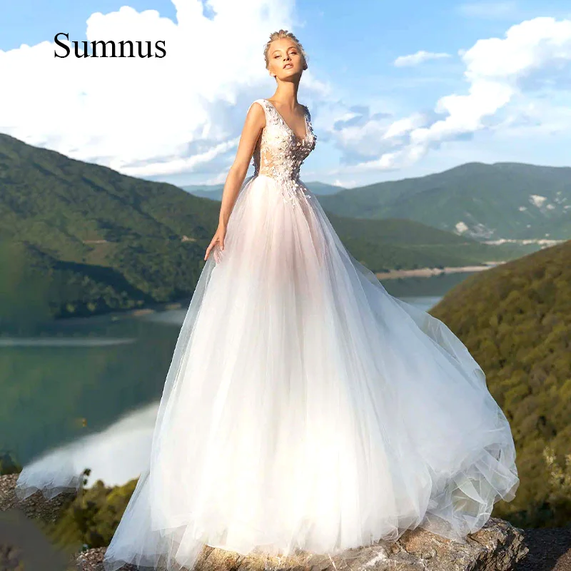 Свадебное платье Sumnus Boho С глубоким рукавом, Кружевные аппликации, Свадебное платье Robe de Mariee 2022, Тюлевые свадебные платья с иллюзией пуговиц