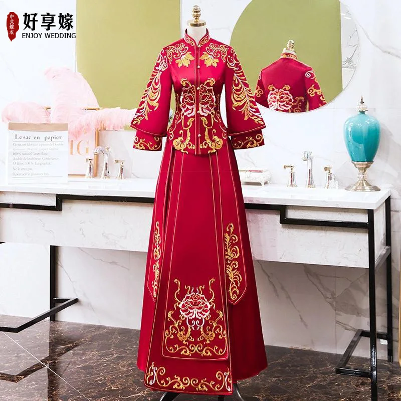 Свадебное платье Женское Платье С Тонкой Цветочной Вышивкой Cheongsam Китайская Традиционная одежда Невесты Красное Вечернее платье Халат