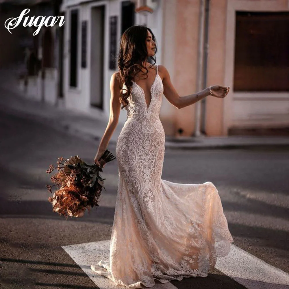 Свадебное платье на бретельках с V-образным вырезом, кружевное свадебное платье с аппликациями, Сексуальное свадебное платье русалки, очаровательный свадебный наряд нестандартного размера