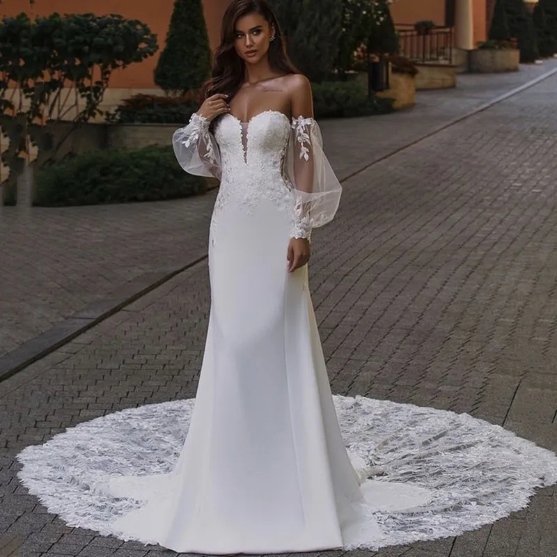 Сексуальное Свадебное платье Русалки, 2021, с открытой спиной, с длинными рукавами и Шлейфом, Блестящие Роскошные Свадебные Платья Для женщин Из шифона