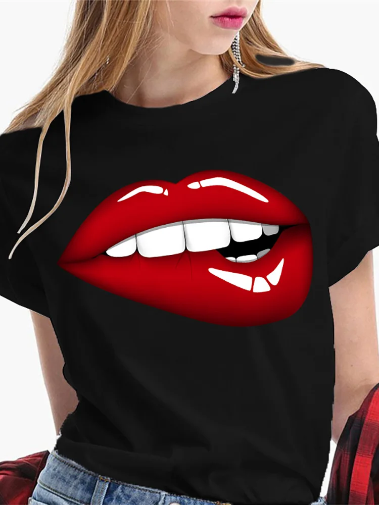 Сексуальные Женские футболки с рисунком поцелуя в губы, забавные трендовые черные футболки, Модные повседневные топы с круглым вырезом и коротким рукавом, женский пуловер Оверсайз