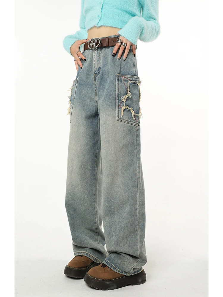 Синие винтажные мешковатые джинсы, Женская уличная одежда, Широкие брюки-карго с карманами, Прямые джинсовые брюки с высокой талией, 2022