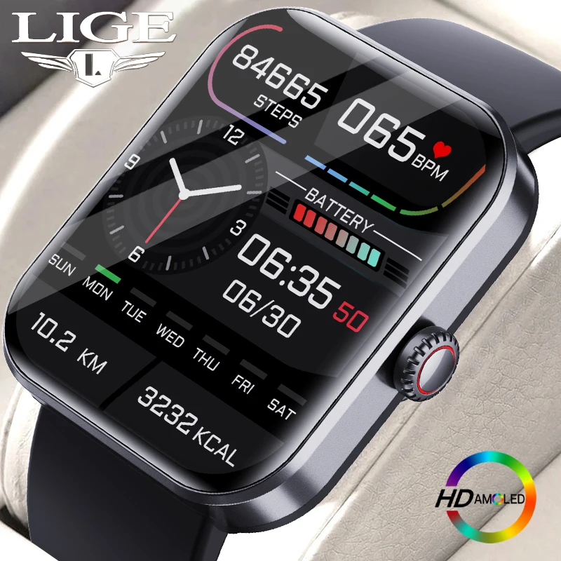 Смарт-часы LIGE с 1,90-дюймовым HD-экраном, мужские профессиональные спортивные смарт-браслет, контроль температуры глюкозы в крови, Мужские умные часы