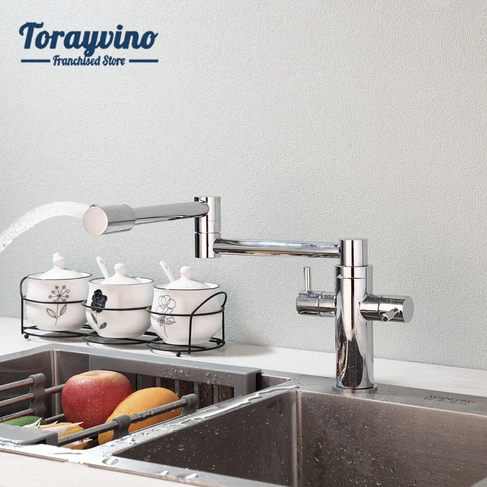 Смеситель для кухонной раковины Torayvino Из нержавеющей стали, установленный на бортике, С двойной ручкой, Управление потоком воды с поворотом на 720 °, Регулируемые смесители