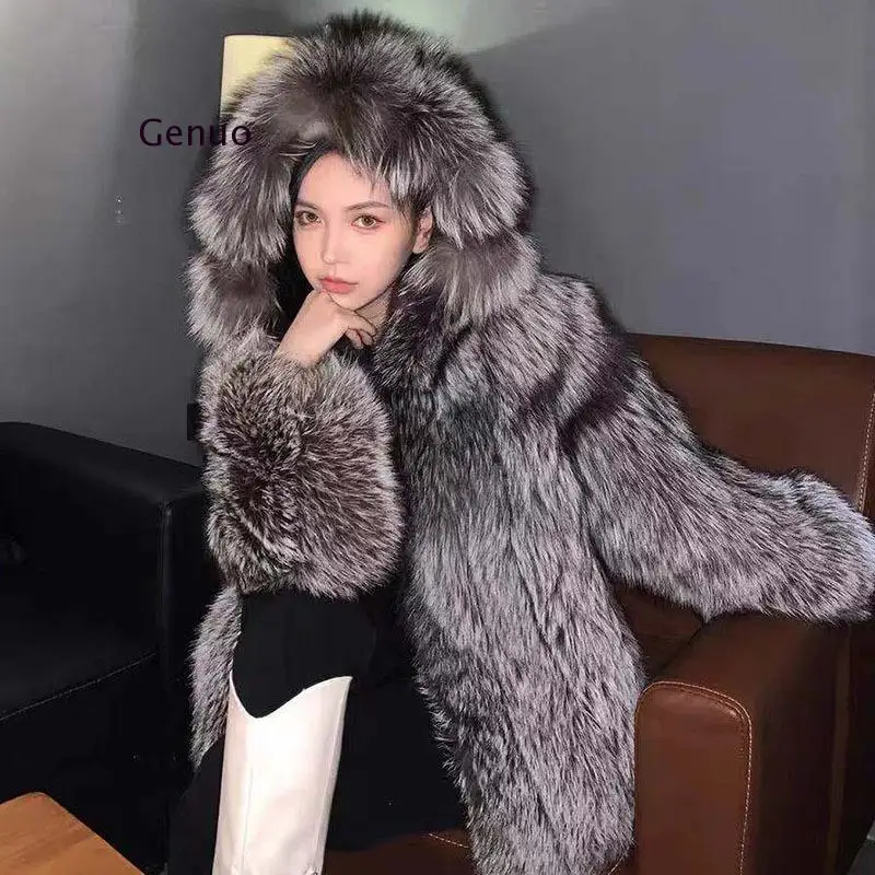 Теплая верхняя одежда, Зимняя новая Женская шуба из искусственного меха, Толстый теплый мех лисы, Одно пальто с капюшоном, Женская корейская куртка