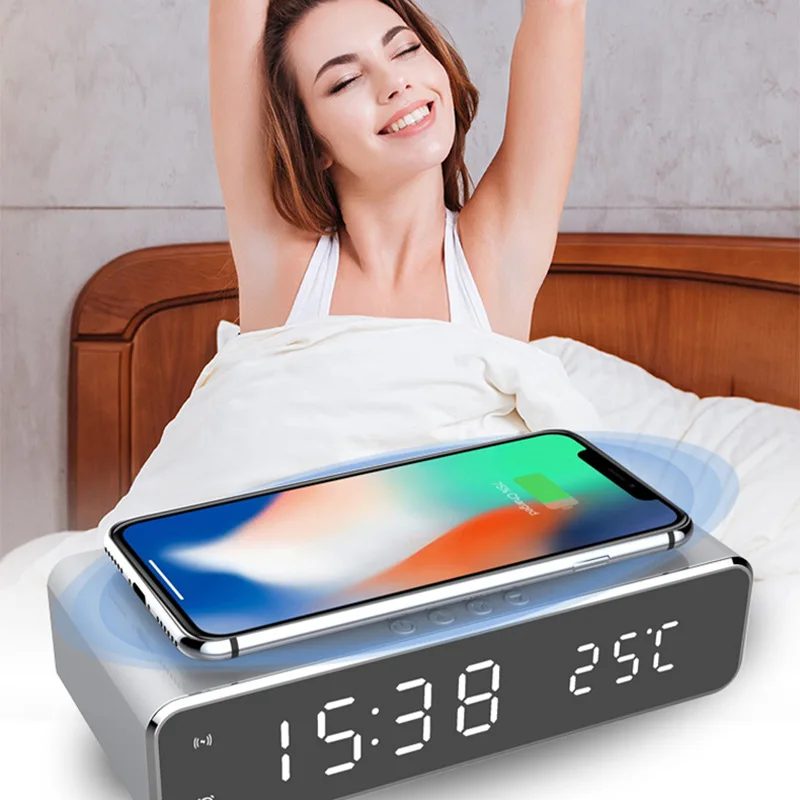 Термометр беспроводной зарядное устройство для мобильного телефона Многофункциональные настольные часы зеркало СВЕТОДИОДНЫЙ цифровой дисплей прямоугольный base10W