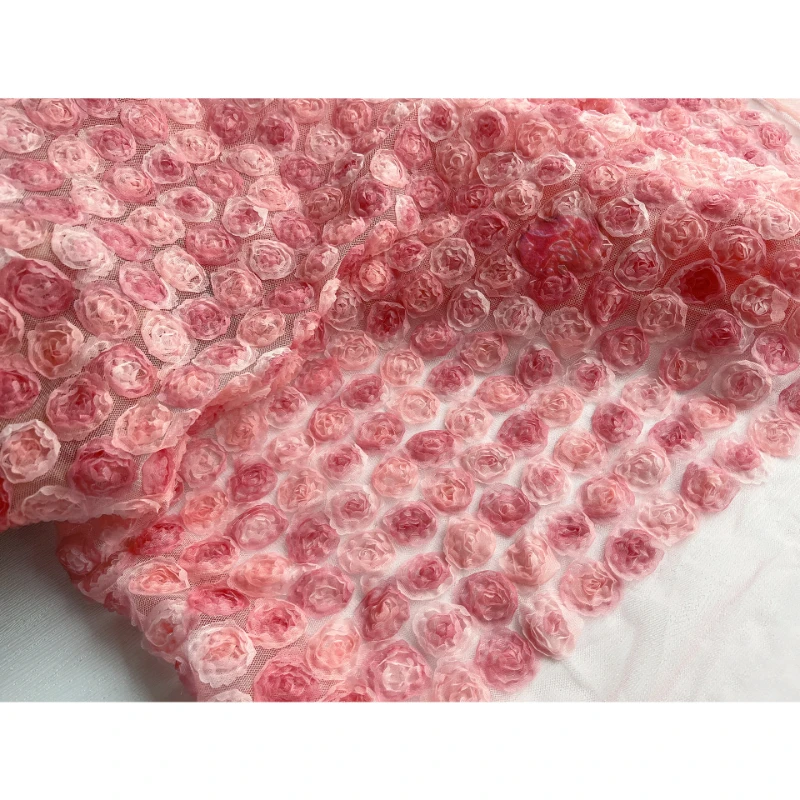 Ткань Wide125x50 см, Розовая сетка с объемным цветком, креативная вышивка, платье-шаль 