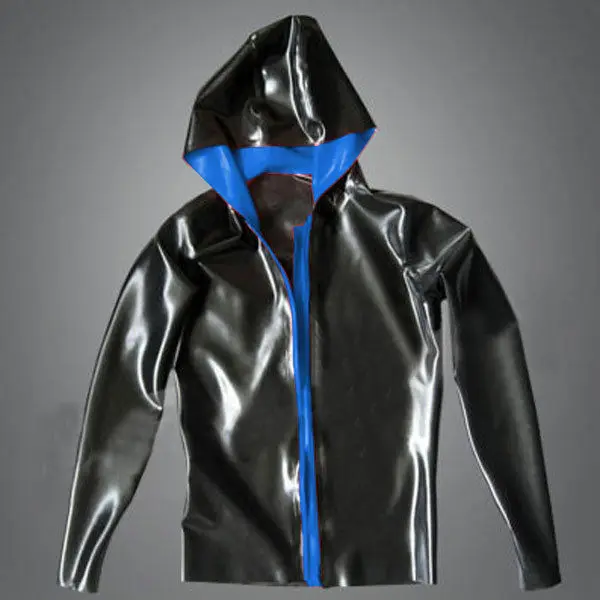 Топы из 100% жевательной резинки из латекса, куртка с капюшоном темно-синего цвета с черным Man XXL