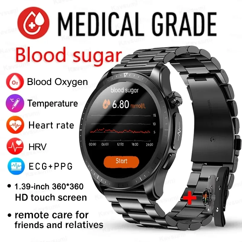 Точное Измерение уровня глюкозы в крови Смарт-Часы Мужские 1,39-дюймовый 360*360 HD AMOLED Экран ЭКГ + PPG Частота сердечных сокращений Здоровье Спортивные Смарт-Часы