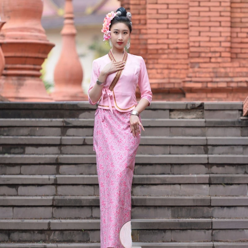 Традиционная одежда Таиланда для женщин, одежда из Юго-Восточной Азии, Весенне-летние Тонкие дышащие топы, комплекты юбок, Элегантное тайское платье