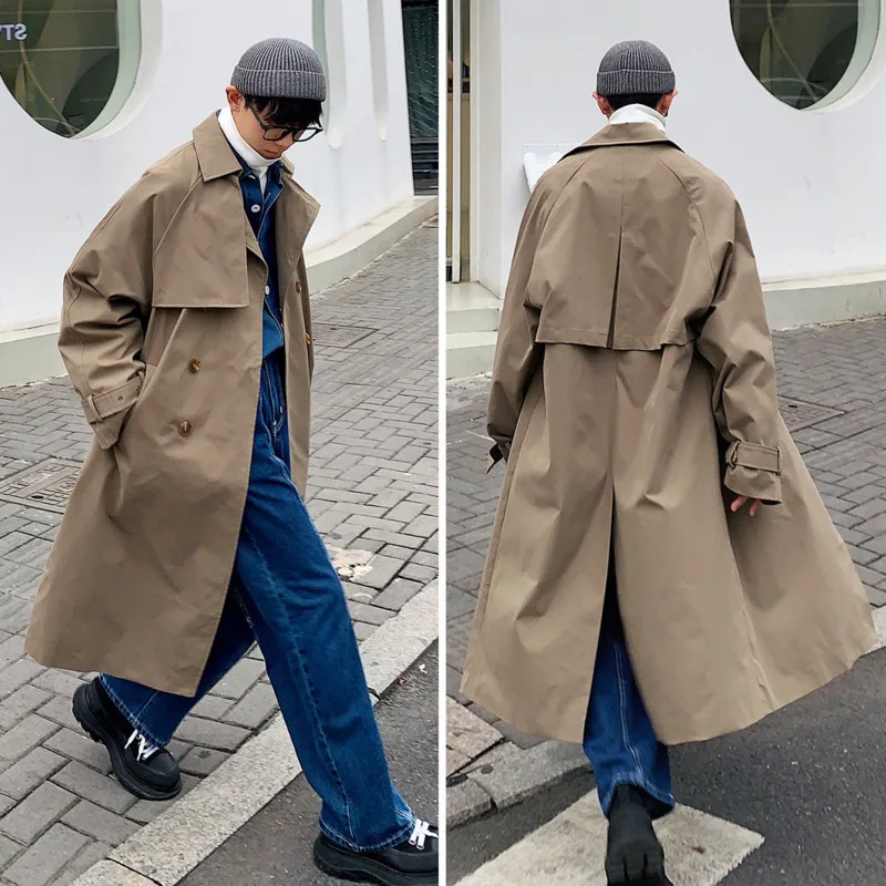 Тренч в корейском стиле, Мужское модное однотонное Повседневное Длинное пальто, Мужское Пальто, Свободная осенняя ветровка размера Оверсайз, Мужская куртка M-5XL