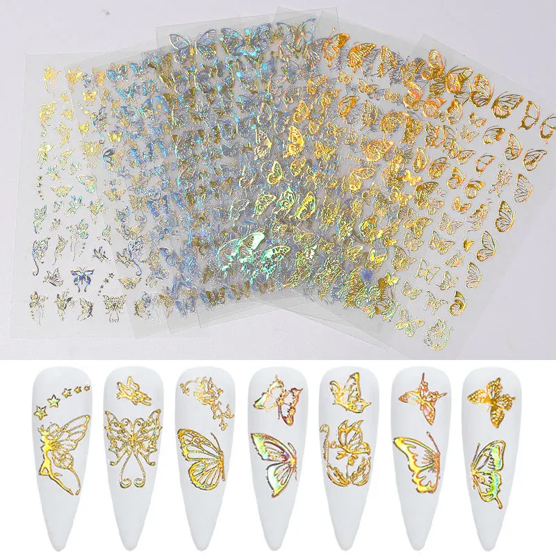 Украшения для ногтей своими руками 3D лазерные наклейки для ногтей с золотыми и серебряными бабочками, переводные наклейки для ногтей, Фольга для маникюра, аксессуары для ногтей