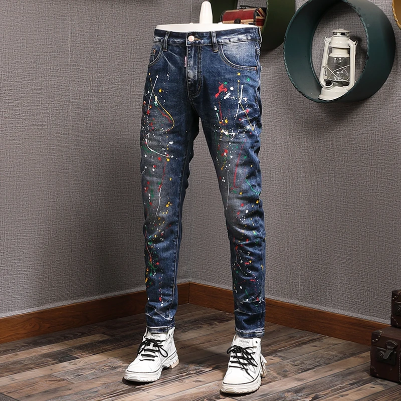 Уличная Мода, мужские Джинсы, Ретро-Синие Стрейчевые облегающие Рваные джинсы, Мужские Эластичные брюки с росписью, Дизайнерские брюки в стиле хип-хоп Hombre