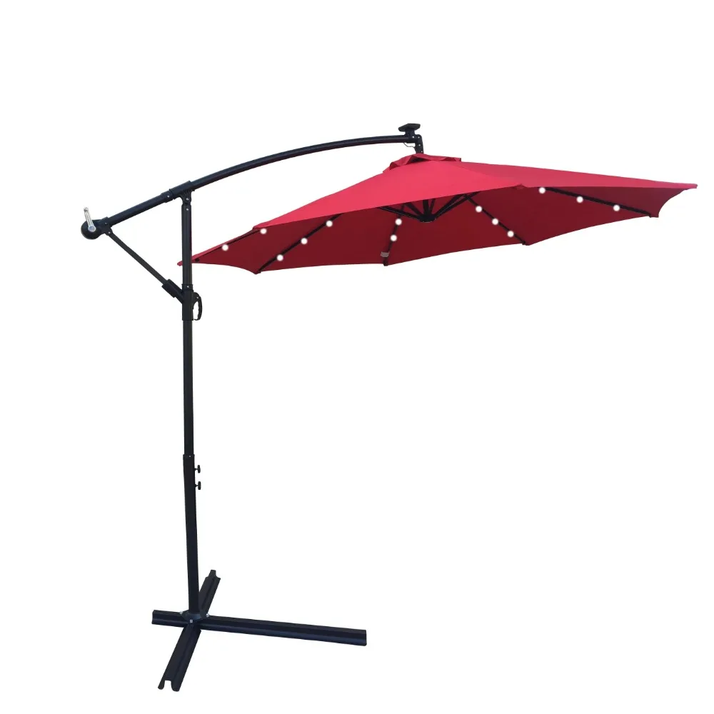 Уличные зонты Aukfa с солнечной светодиодной подсветкой для патио длиной 10 футов с поперечным основанием для бассейна на пляже - красный