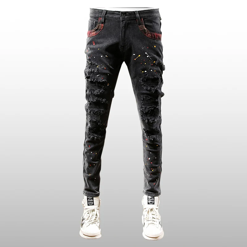 Уличные модные мужские джинсы в стиле ретро, черные, Серые, Эластичные, Стрейчевые, облегающие, Рваные Джинсы, Мужские дизайнерские брюки в стиле хип-хоп с множеством карманов