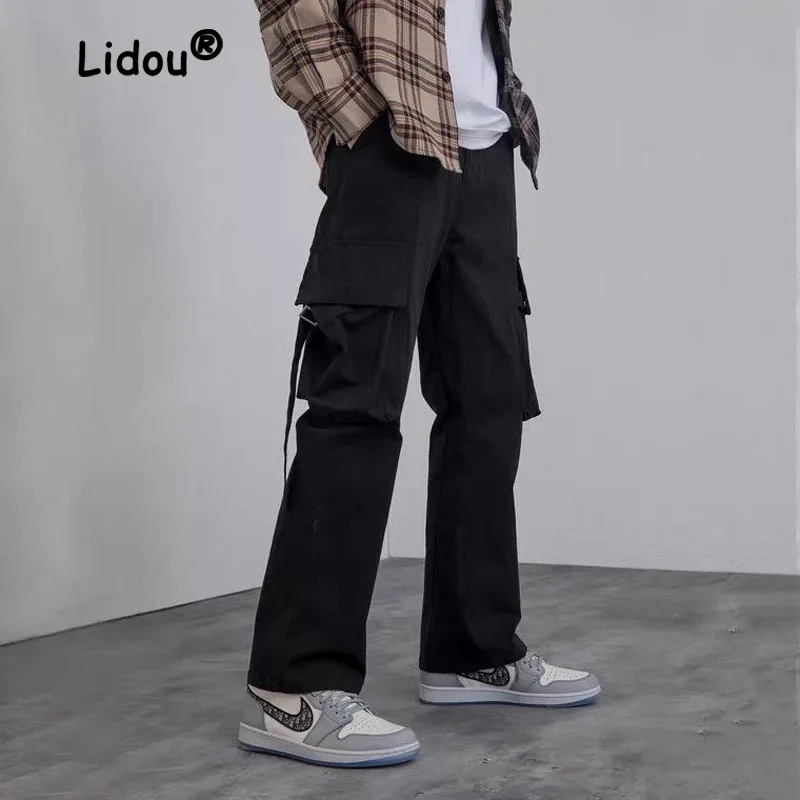 Уличные однотонные мужские брюки-карго с множеством карманов, Свободные прямые цилиндрические уличные повседневные широкие корейские мужские брюки