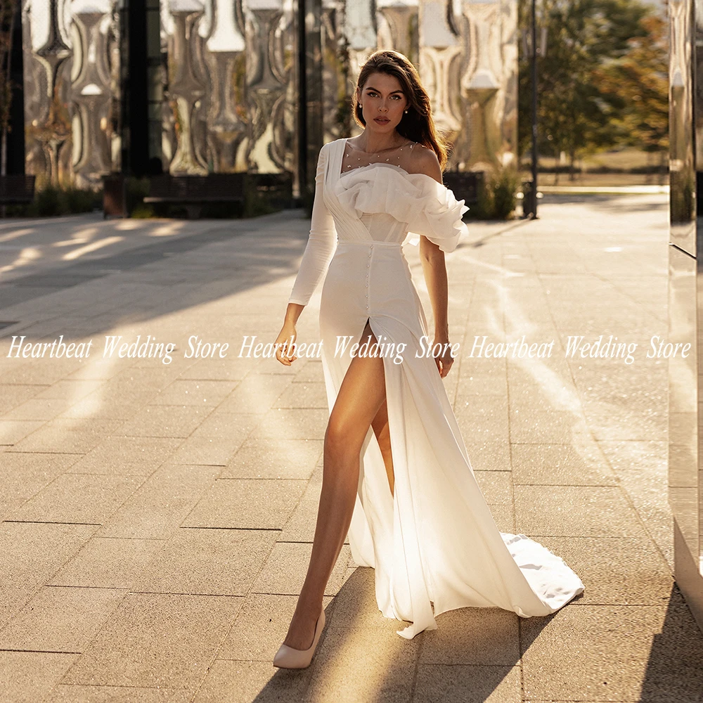 Уникальное Асимметричное Белое Свадебное платье с разрезом на одно плечо сбоку, Гражданское Свадебное платье для Невесты Mmodern Vestio De Novia на пуговицах сзади