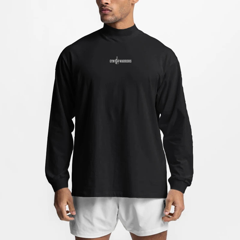 Футболка с длинным рукавом и высоким воротом Оверсайз, Мужская осенняя хлопковая футболка с заниженными плечами, Свободная футболка для фитнеса, одежда для спортзала, Рубашка для бодибилдинга