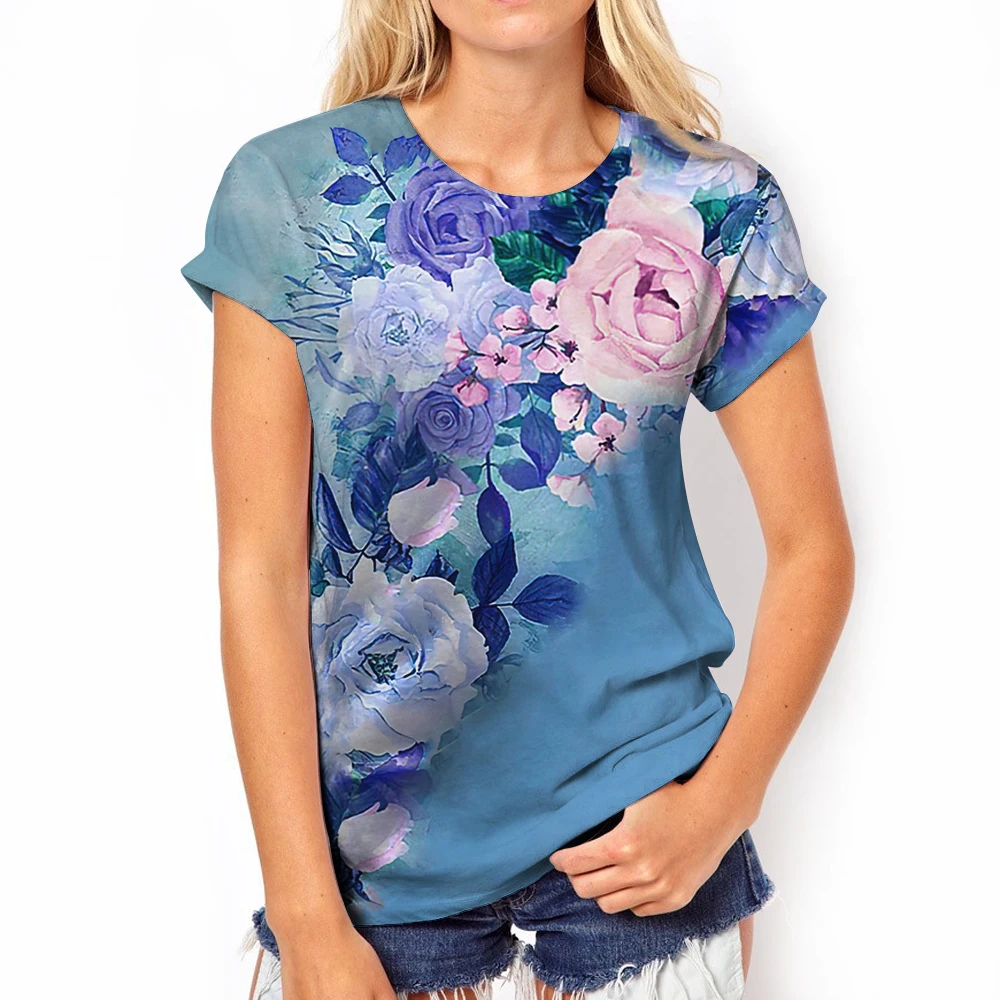 Футболка с цветочным рисунком, женская простая блузка с круглым вырезом и коротким рукавом, пуловер в стиле Харадзюку Оверсайз, женская одежда Y2k, летние повседневные футболки