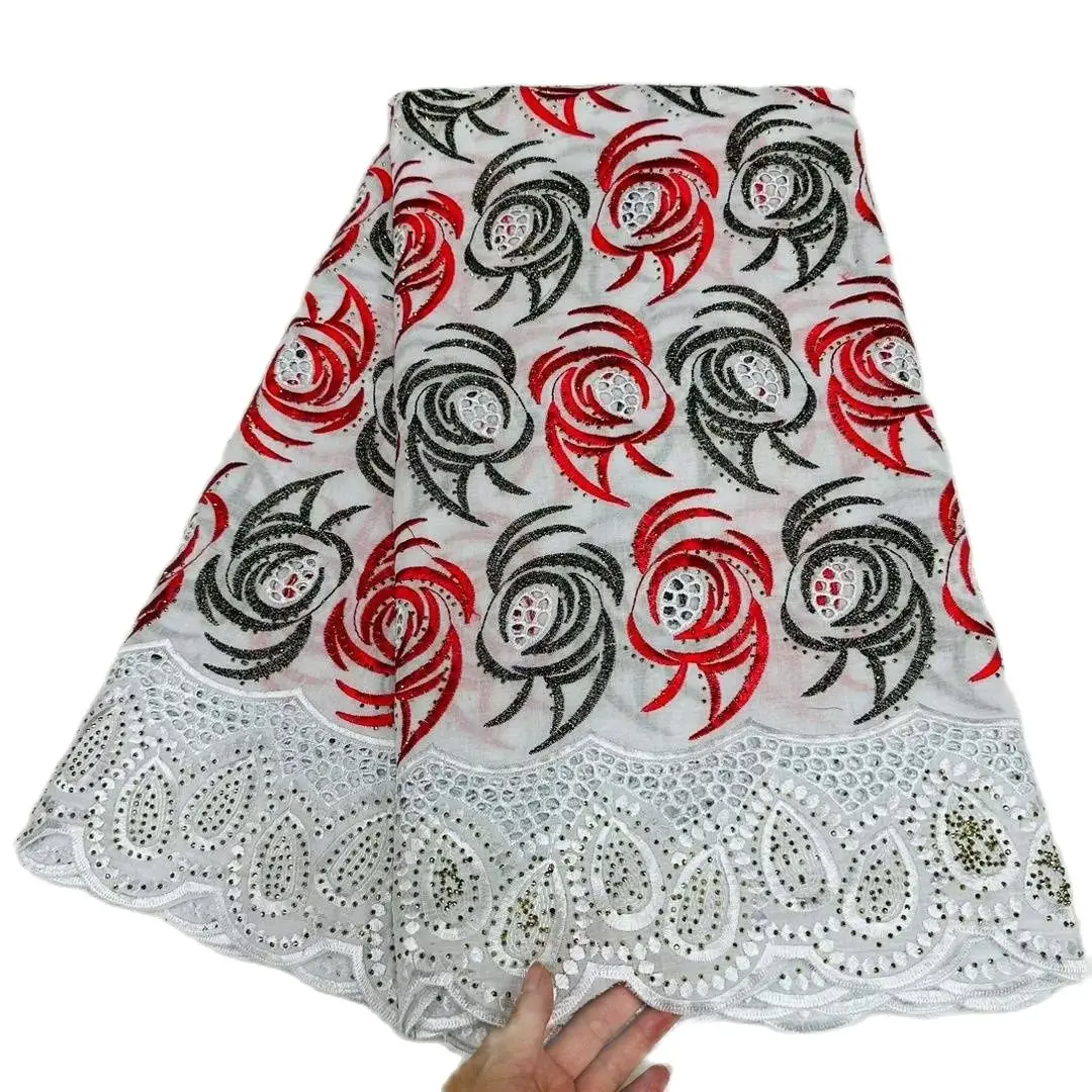Хлопковая Швейцарская Вуалевая кружевная ткань для женского платья, вышивка камнями, Африканская, Белая