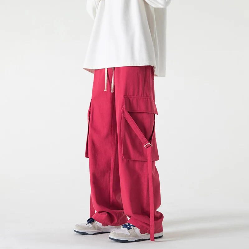 Хлопковые брюки-карго, мужские Модные Повседневные брюки с карманами в стиле ретро, мужская Японская Уличная одежда в стиле Хип-хоп, Свободные прямые брюки, мужские брюки
