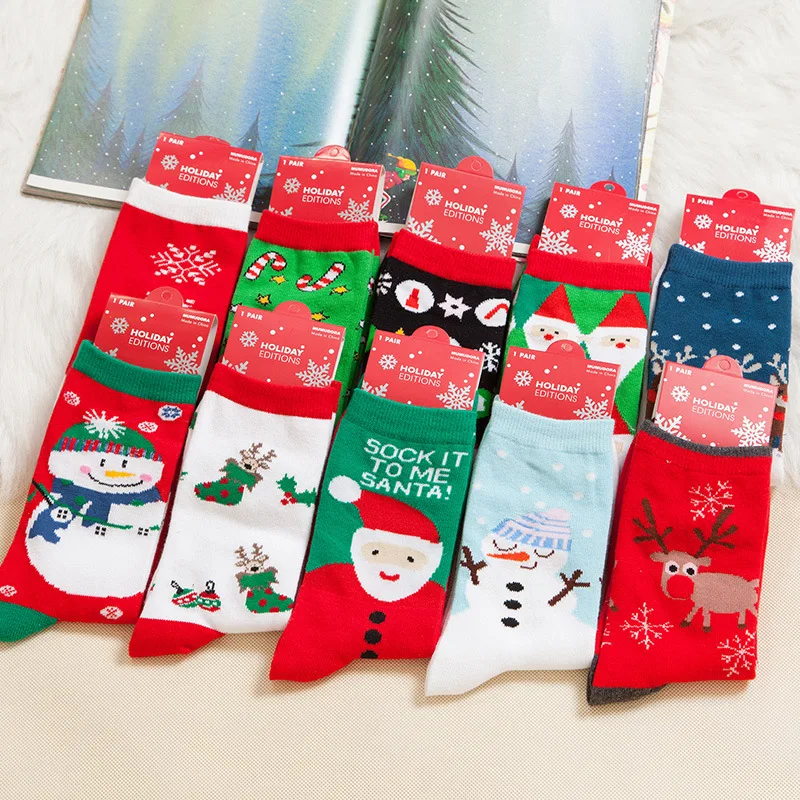 Хлопчатобумажные носки со снежинками Санта-лося средней длины, рождественские носки для пары
