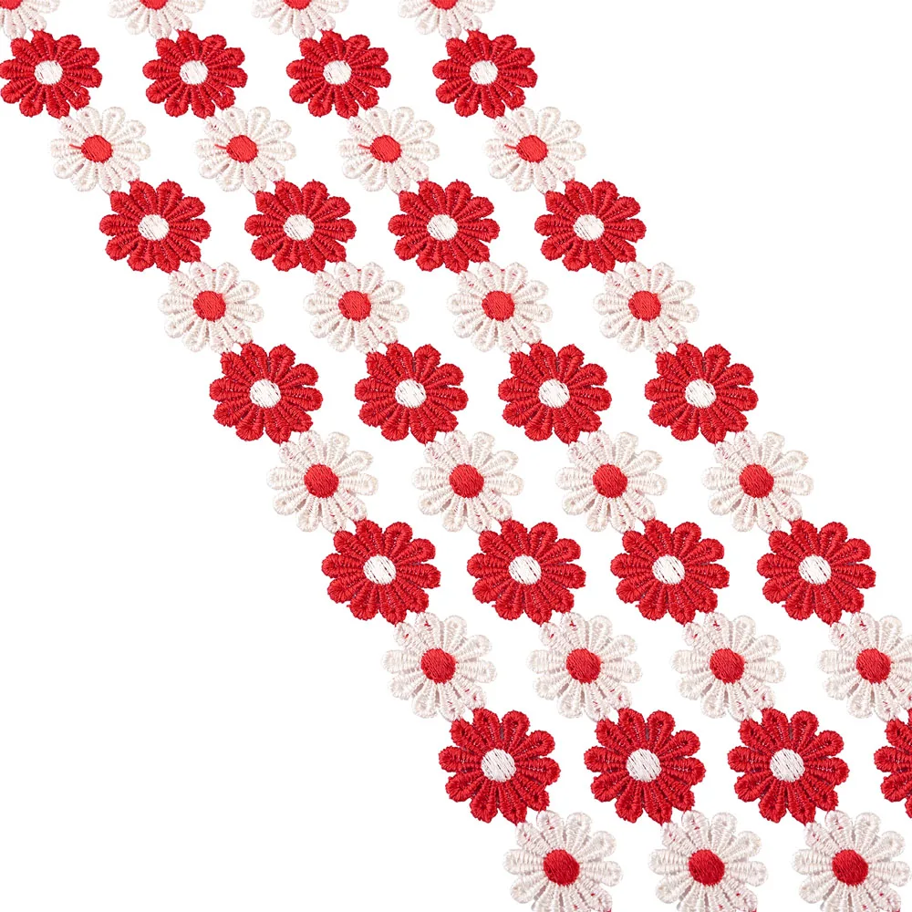 Цветная кружевная отделка из полиэстера с рисунком маргаритки, Красный, 1 дюйм (25 мм), 15 ярдов (13,72 м / рулон)