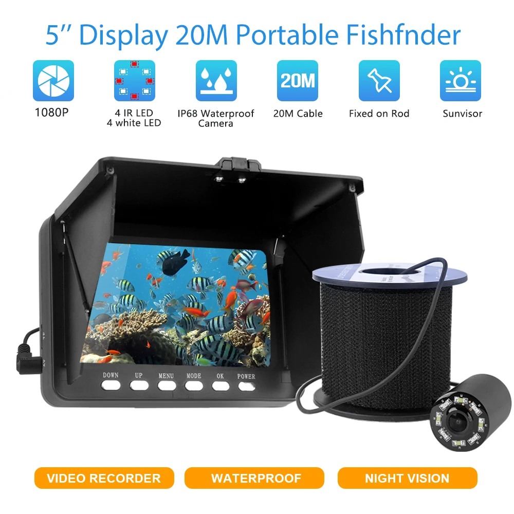 Цветной монитор SYSD 5in, камера для подводной рыбалки 1080P IP68 с солнцезащитным козырьком, Длина провода 20 м
